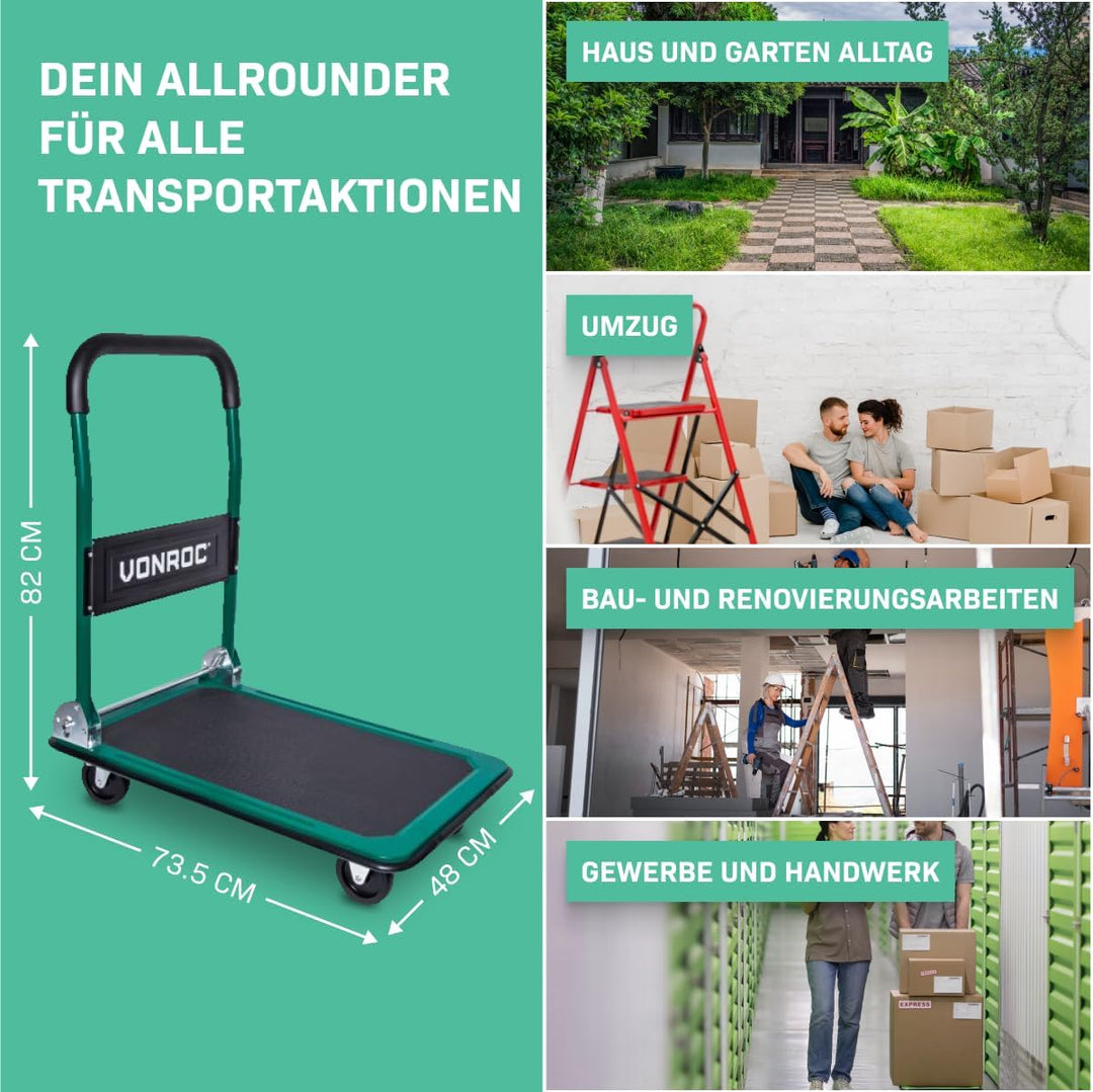 VONROC Transportwagen klappbar 150kg - Plattformwagen als Transporthilfe - Rollwagen mit Griff 150 k
