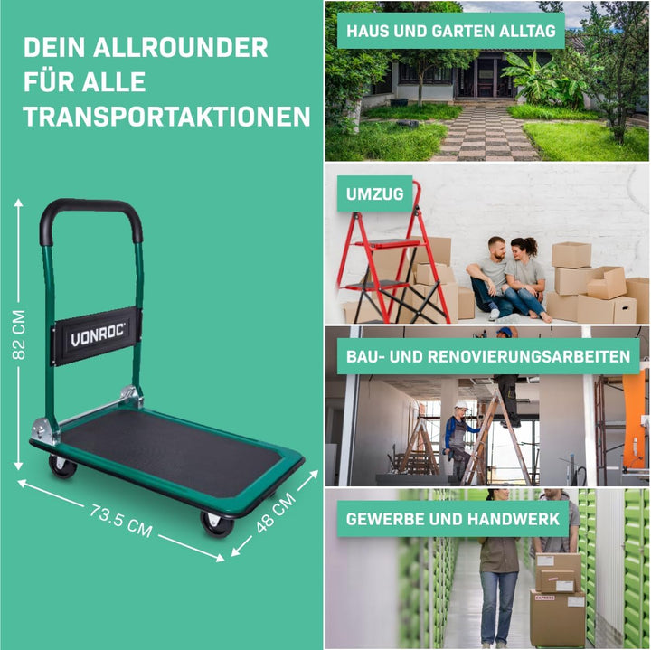 VONROC Transportwagen klappbar 150kg - Plattformwagen als Transporthilfe - Rollwagen mit Griff 150 k