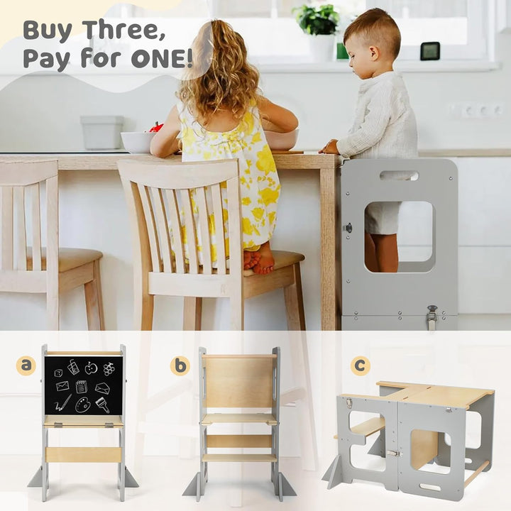 labebe Lernturm für Kinder, Montessori Learning Tower mit Tafel, Multifunktion 3 in 1 Faltbarer Lern