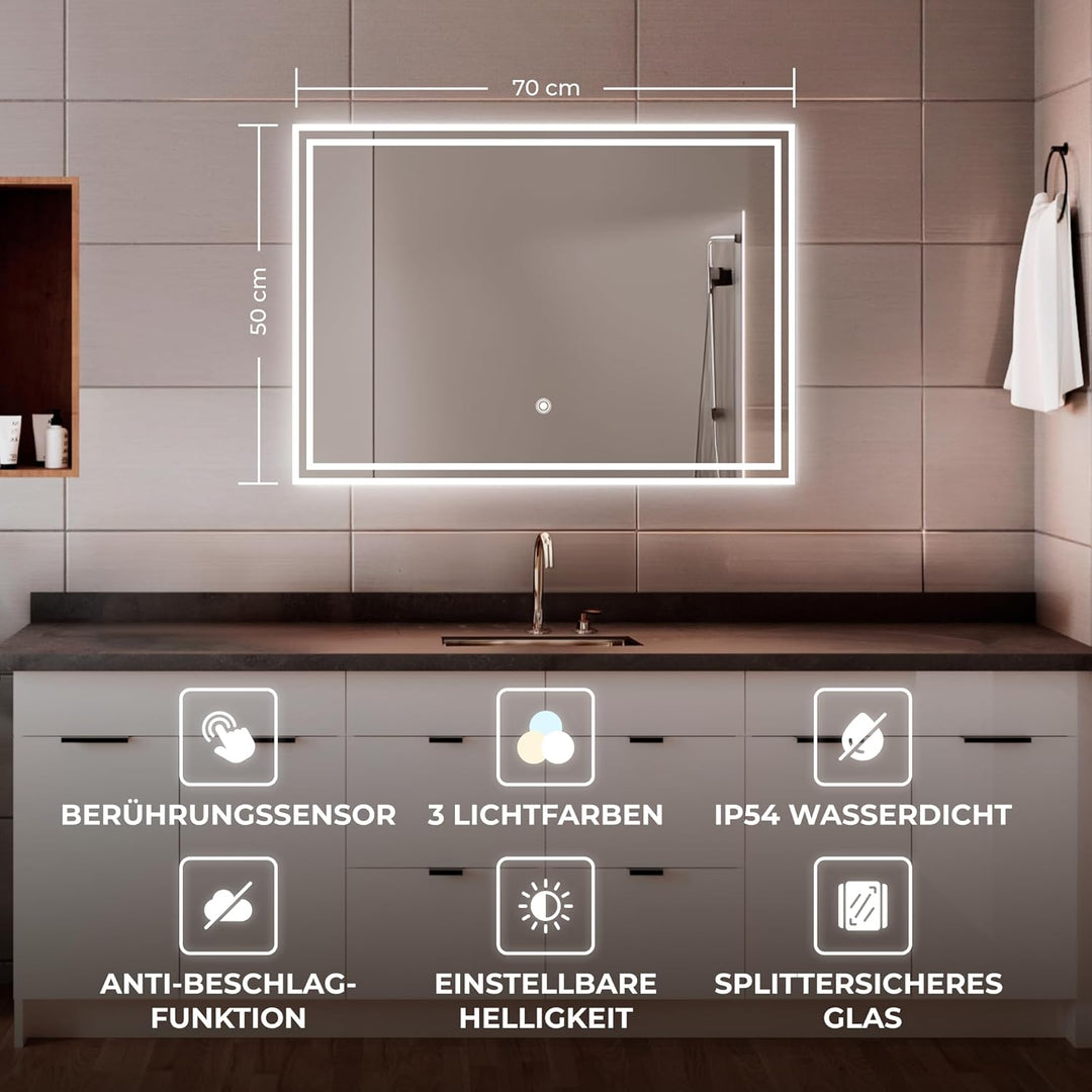 BR Bringer LED Badspiegel - 70x50 cm - Badezimmerspiegel mit Beleuchtung und Anti-Beschlag Funktion