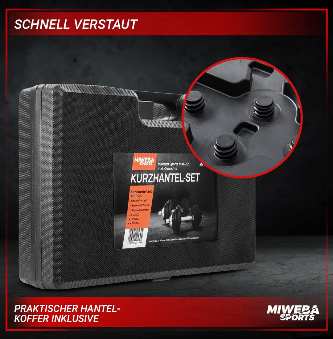 Miweba Sports Hantelset MKH120 | 20kg - 𝐏𝐫𝐨𝐟𝐢 Hanteln mit Koffer - Frauen und Männer - Hantel Set -
