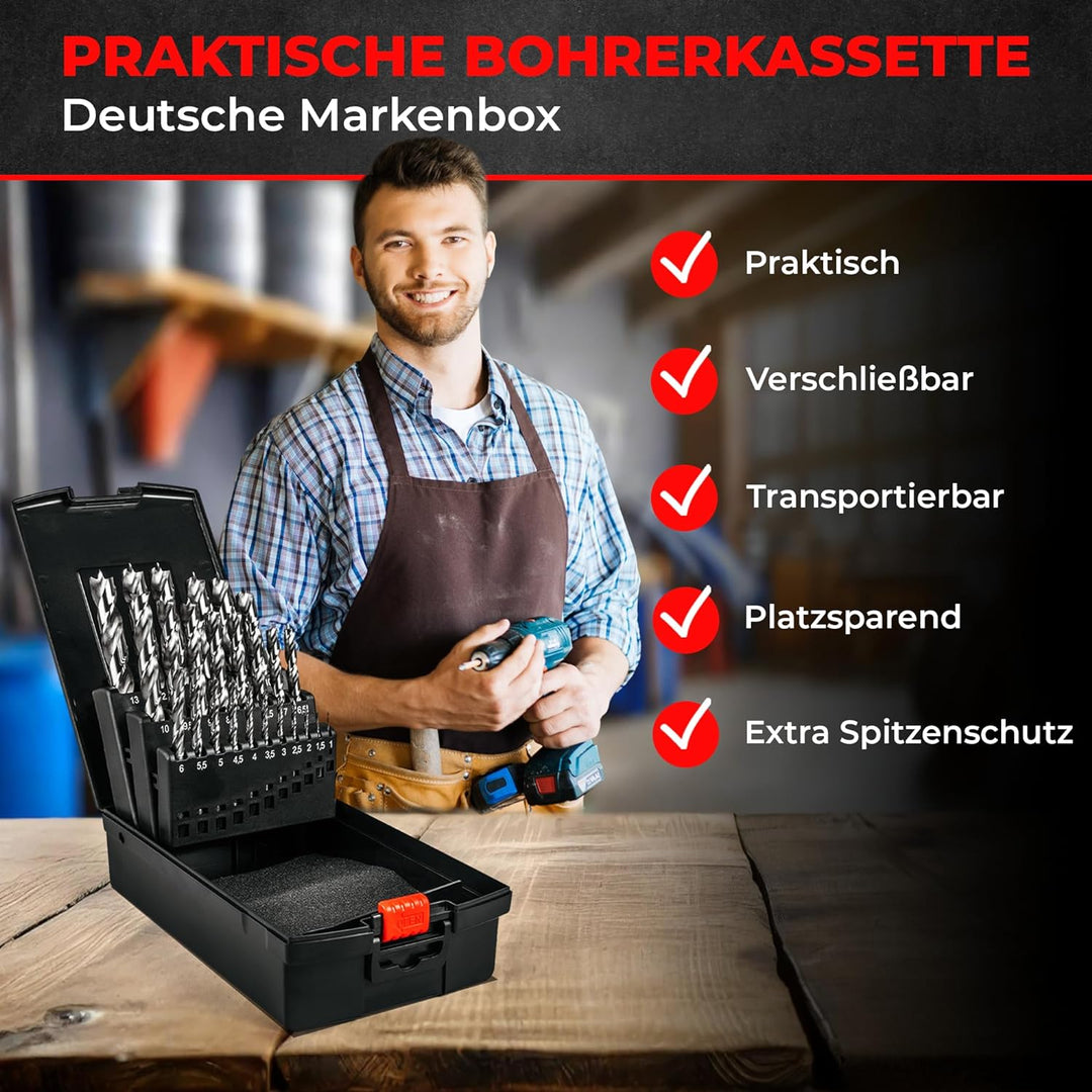 Holzbohrer Set 1-13mm, 25-tlg, HSS-G, Holz-Spiralbohrer für Bohrmaschine & Akkuschrauber, Bohrer Set