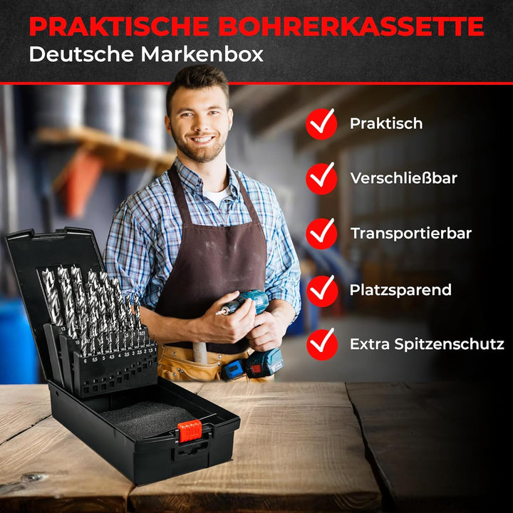 Holzbohrer Set 1-13mm, 25-tlg, HSS-G, Holz-Spiralbohrer für Bohrmaschine & Akkuschrauber, Bohrer Set