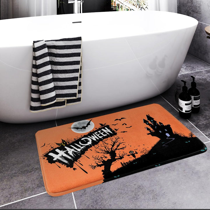 Britimes Halloween-Badematte für Badezimmer, Schloss unter orangefarbenen Nachtgräbern, kein Verruts
