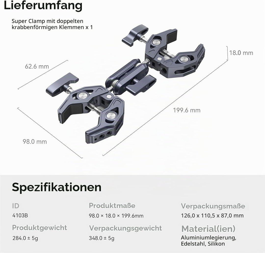 SMALLRIG Super Clamp mit doppelten krabbenförmigen Klemmen, doppelte Kameraklemme, Magic Arm Doppelk