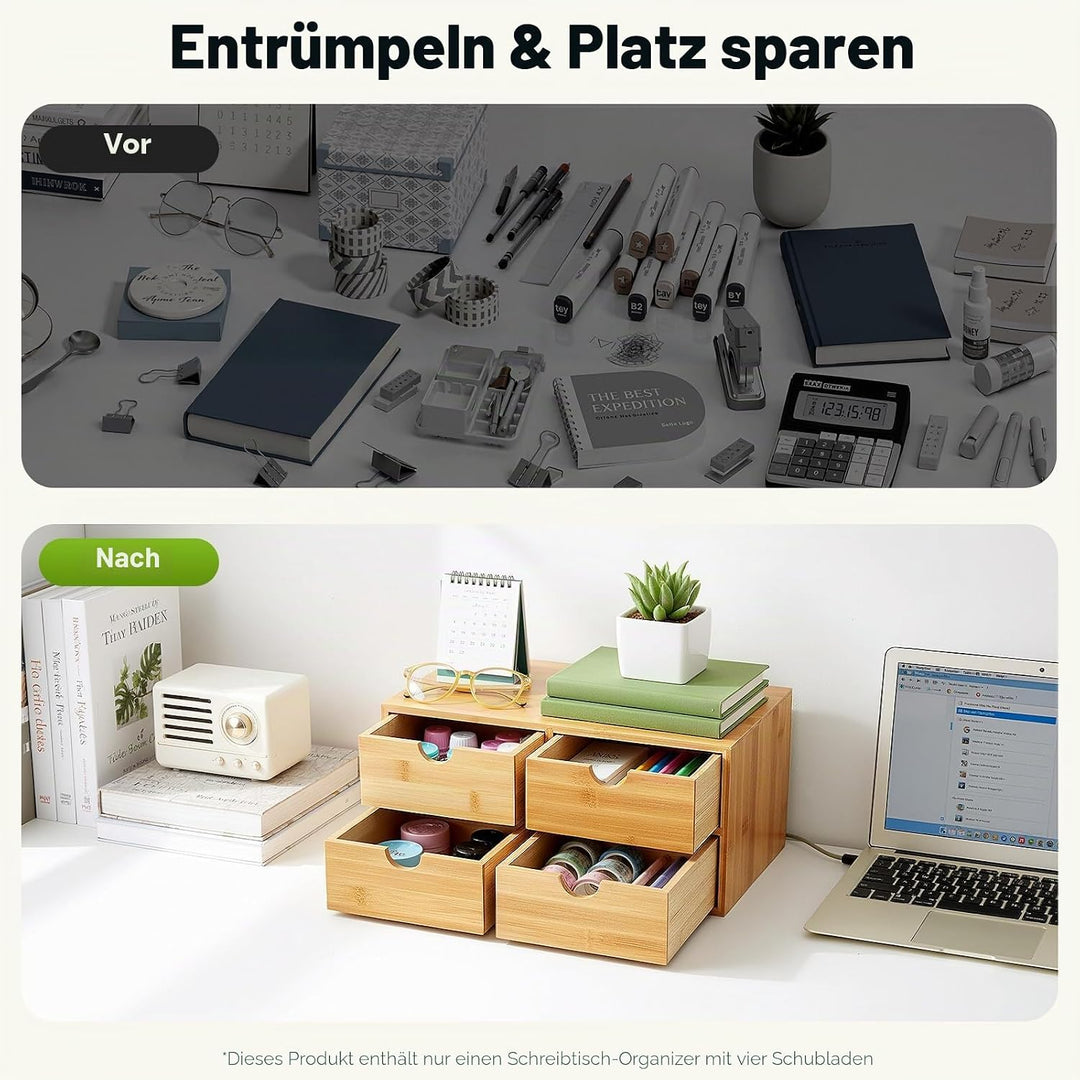 Desktop Aufbewahrung Box Bambus Vintage, 4-stufiges Schubladensystem mit stabiler Ablagefläche, natü