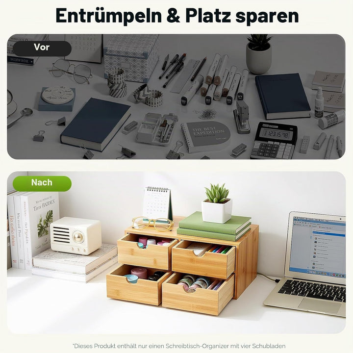 Desktop Aufbewahrung Box Bambus Vintage, 4-stufiges Schubladensystem mit stabiler Ablagefläche, natü
