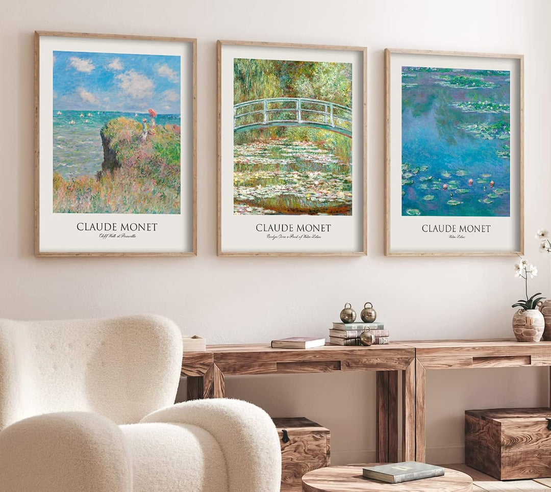 Claude Monet Poster Set | 3 Stück DIN A3 30x40cm mit Rahmen Holz | Botanische Wasserlilien Paintings