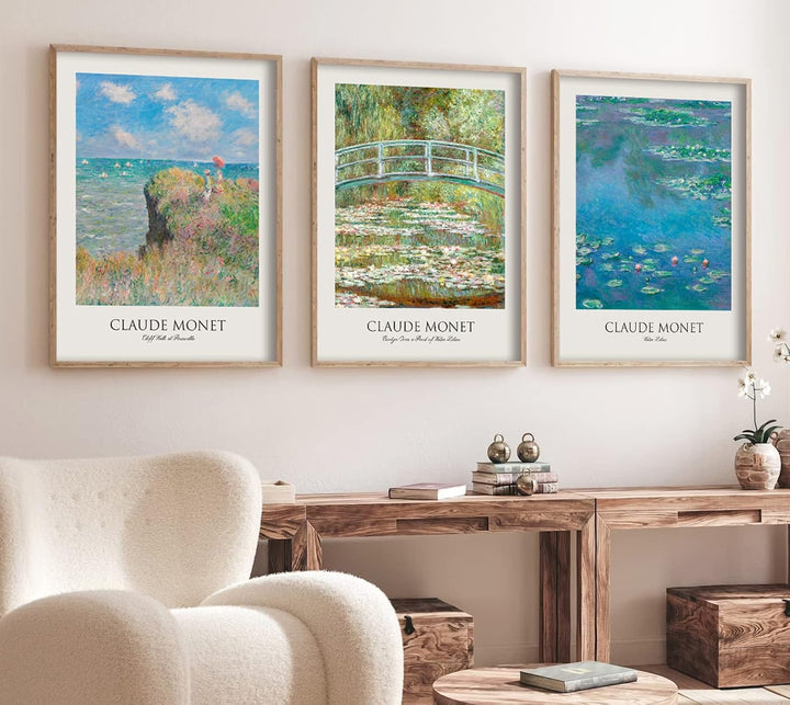 Claude Monet Poster Set | 3 Stück DIN A3 30x40cm mit Rahmen Holz | Botanische Wasserlilien Paintings