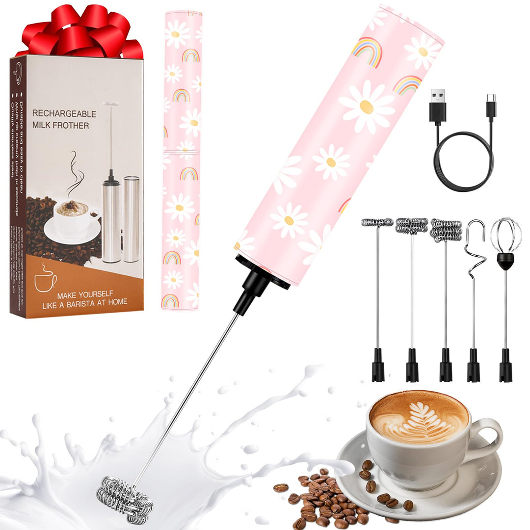 Milchschäumer Elektrisch USB-C mit 5 Wechselbaren Edelstahl-Schneebesen–2 Einstellbare Geschwindigke
