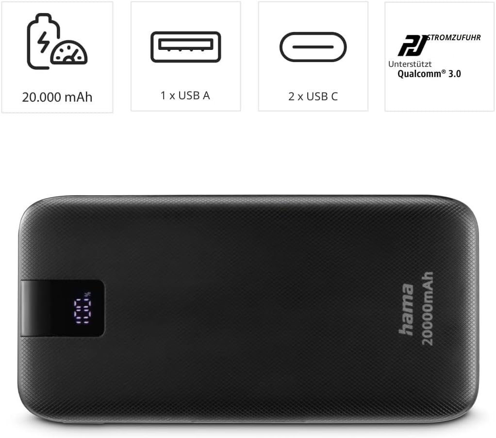 Hama Power Pack PD 20 20000mAh (externer Akku mit 2X USB C + 1x USB A, Power Pack Zertifiziert, Schn