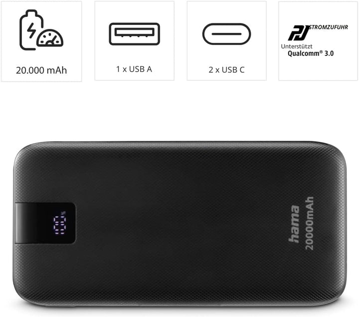 Hama Power Pack PD 20 20000mAh (externer Akku mit 2X USB C + 1x USB A, Power Pack Zertifiziert, Schn