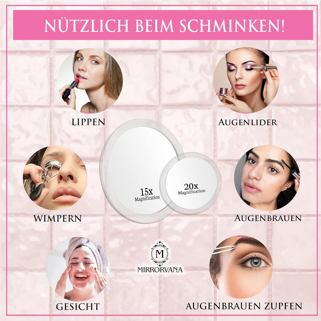 Mirrorvana Spiegel mit 20-facher Vergrösserung und 15-facher Vergrösserung mit Saugnapf für Badezimm