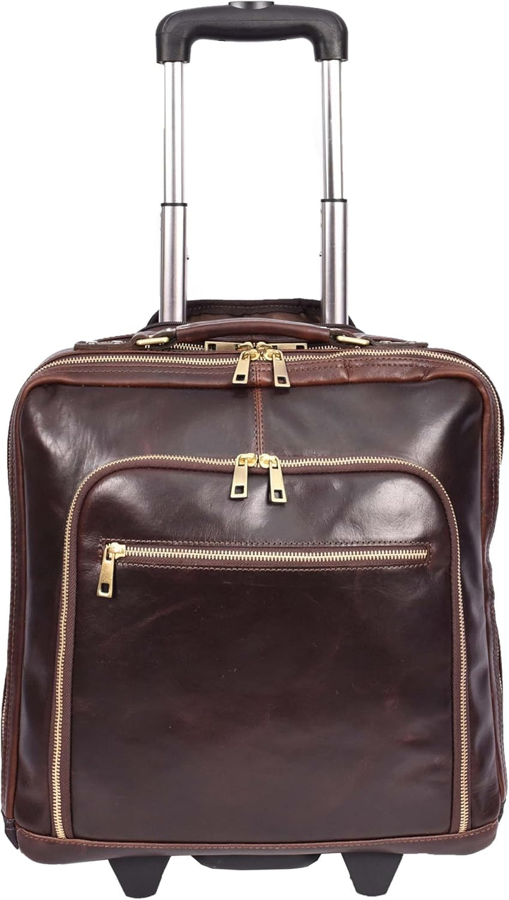 Pilotentasche aus echtem Leder mit Rollen Teleskopgriff für Business Reisetasche Sussex, braun, M, P