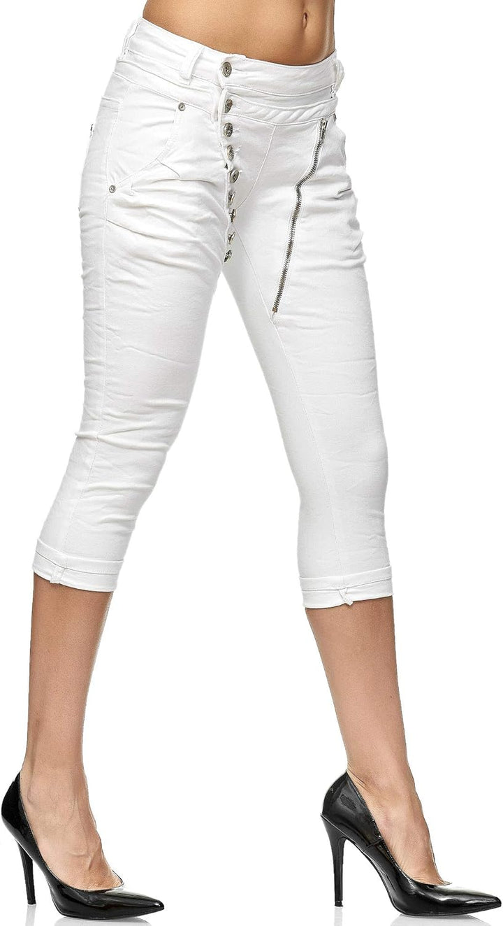 Elara Damen 3/4 Jeans Slim High Waist Capri Hose Chunkyrayan 36 Slim Weiss, 36 Slim Weiß