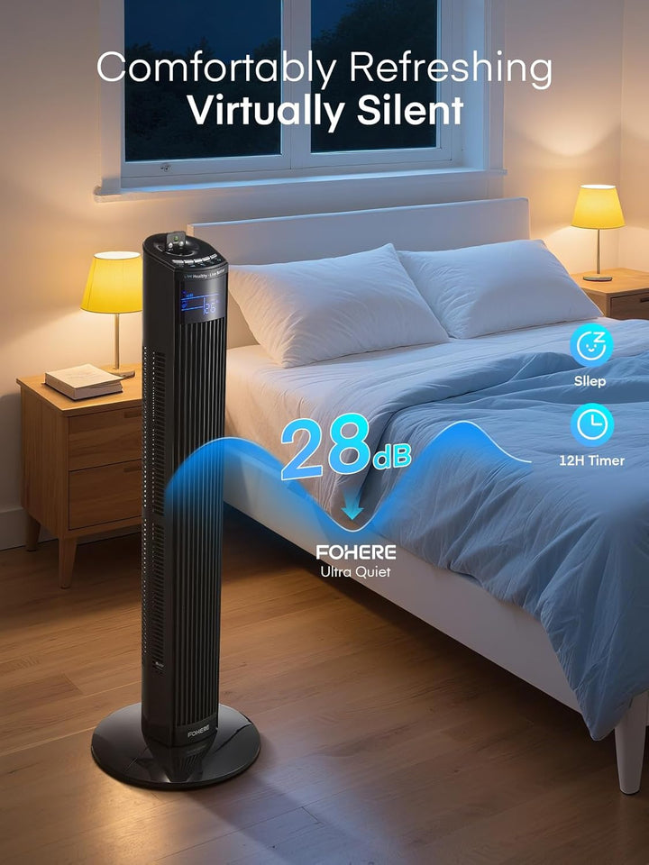 FOHERE Leiser Turmventilator, 91CM Oszillierender Stand Ventilator mit Kühlung Fernbedienung, 12-Stu