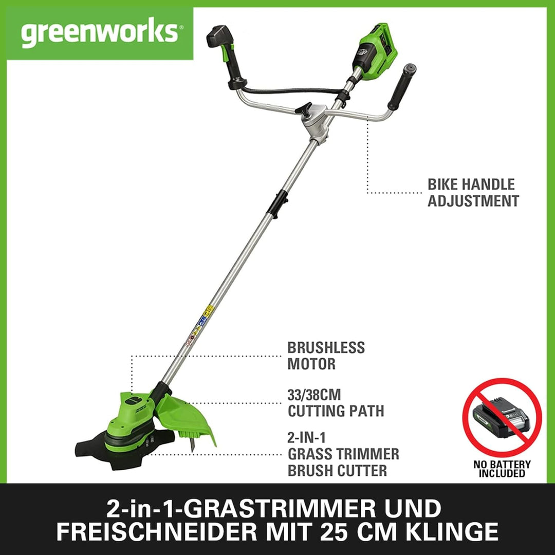 Greenworks GD24X2BCB Akku Freischneider mit bürstenlosem Motor, Geschirr, Motorradgriff, 38 cm Schni