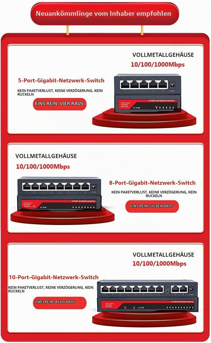 KuWFi 10-Ports Gigabit Netzwerk Switch, LAN Switch RJ45 Port Fast Ethernet Switch, LAN Splitter, LAN
