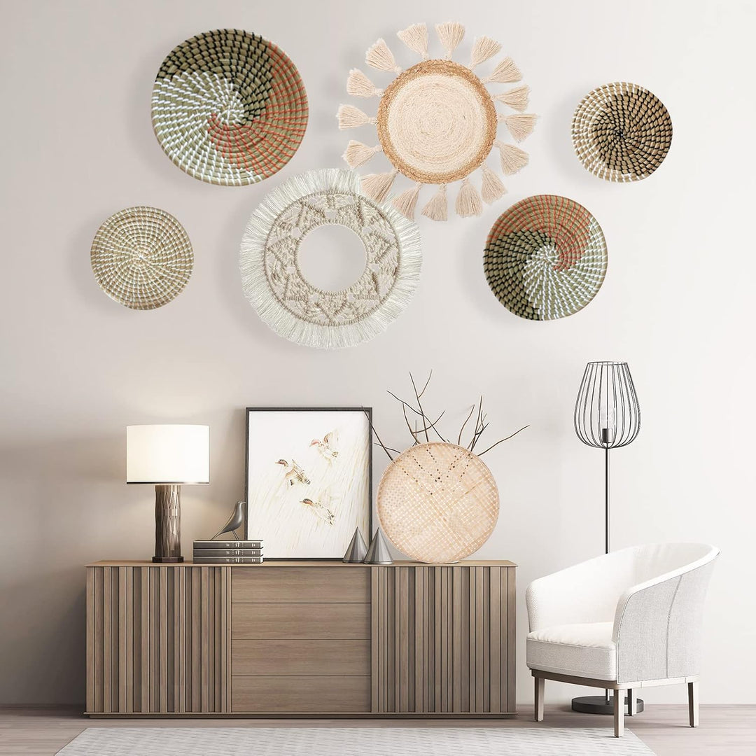 Boho-Wandbehang, flach, rund, gewebt, Makramee-Quasten, weisser Wandteppich, Bambus-Wandkorb, Servie
