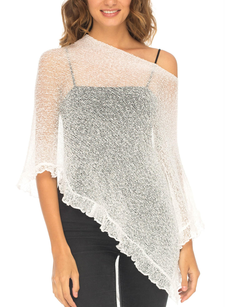 SHU-SHI - Damen Poncho-Top mit Rüschen - transparent - leichtes Strickmaterial Weiss, Weiss