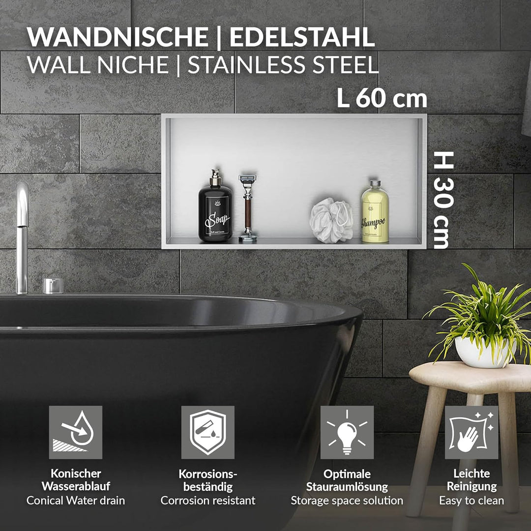LuxeBath Wandnische aus Edelstahl, 60x30x10 cm, Silber, Duschnische mit Rahmen, Einbauregal, Flexibl