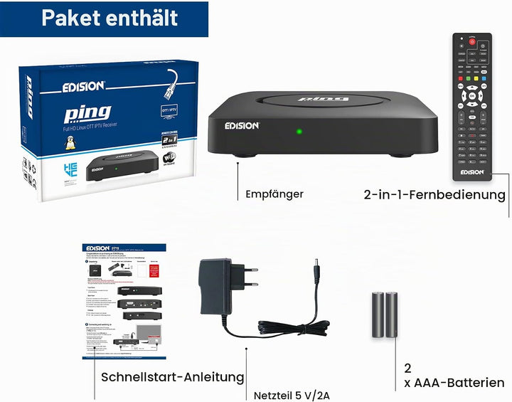 EDISION PING - OTT LINUX RECEIVER H265/HEVC schwarz, Stalker, Xtream, WebTV, Media Player, Wi-Fi on