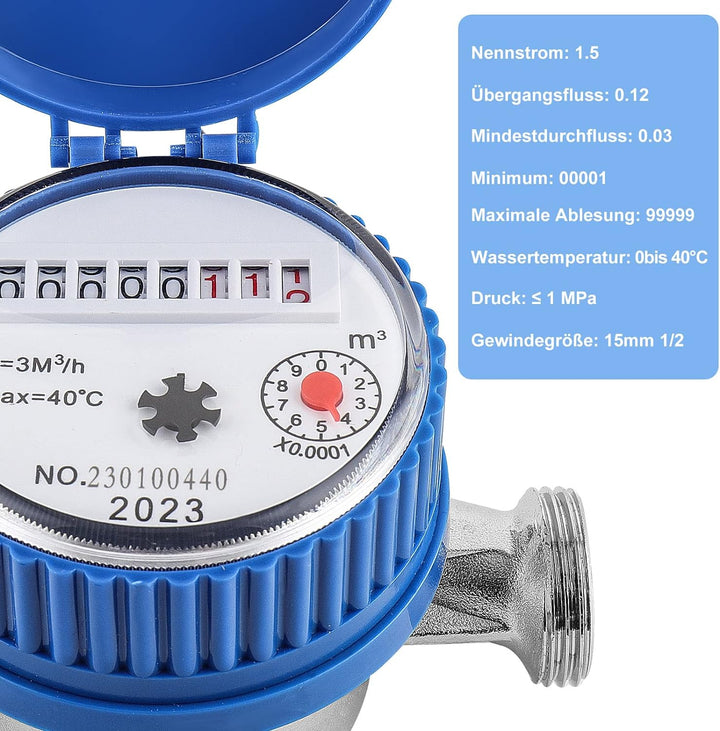 ColdShine Wasserzähler 1/2" Anschlussgewinde Einkanal-Trockenwasserzähler Wasseruhr Garten Kaltwasse
