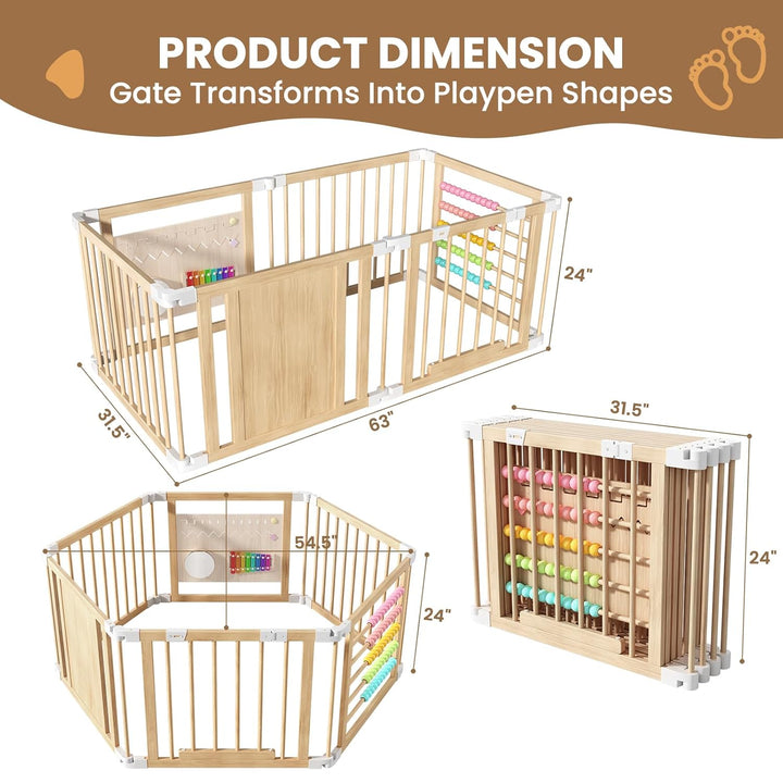 Laufstall Baby Holz mit Spielcenter – 160x80x61cm Verstellbare Grösse &amp; Form Laufgitter, Faltbarer L