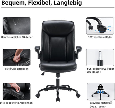 MZLEE Bürostuhl Ergonomischer Schreibtischstuhl PU Leder Drehstuhl mit hochklappbarer Armlehne, höhe