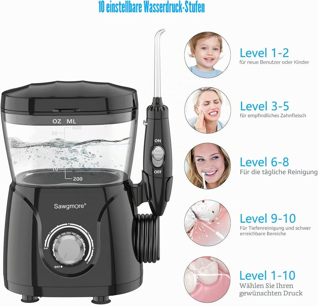 Sawgmore Elektrische Munddusche mit 10 Druckstufen und 8 Düsen，Professional Waterflosser für Zanrein