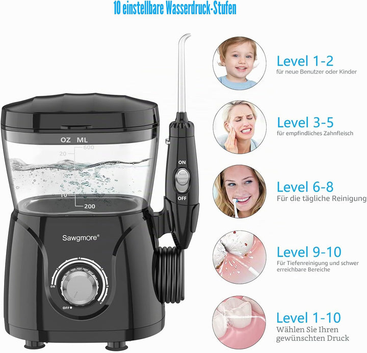 Sawgmore Elektrische Munddusche mit 10 Druckstufen und 8 Düsen，Professional Waterflosser für Zanrein