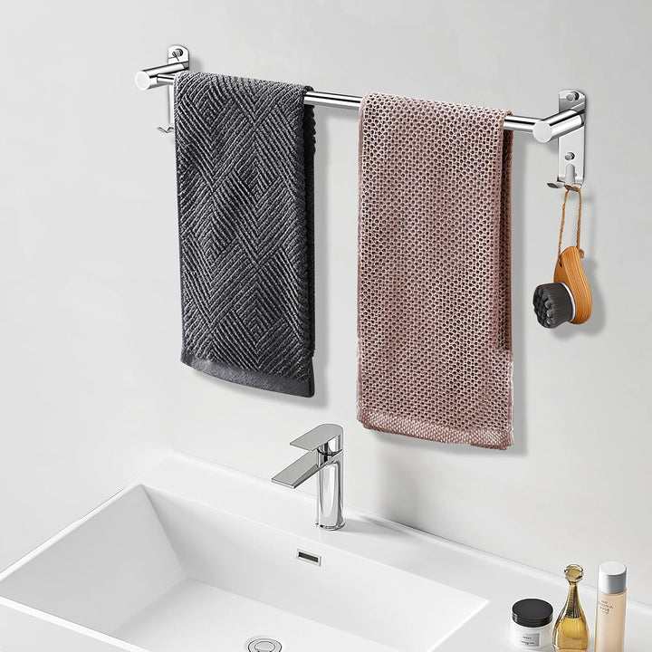 Amexo Handtuchstange Edelstahl Ausziehbar 43–75cm, Handtuchhalter mit Haken Schrauben Kleber, Silber