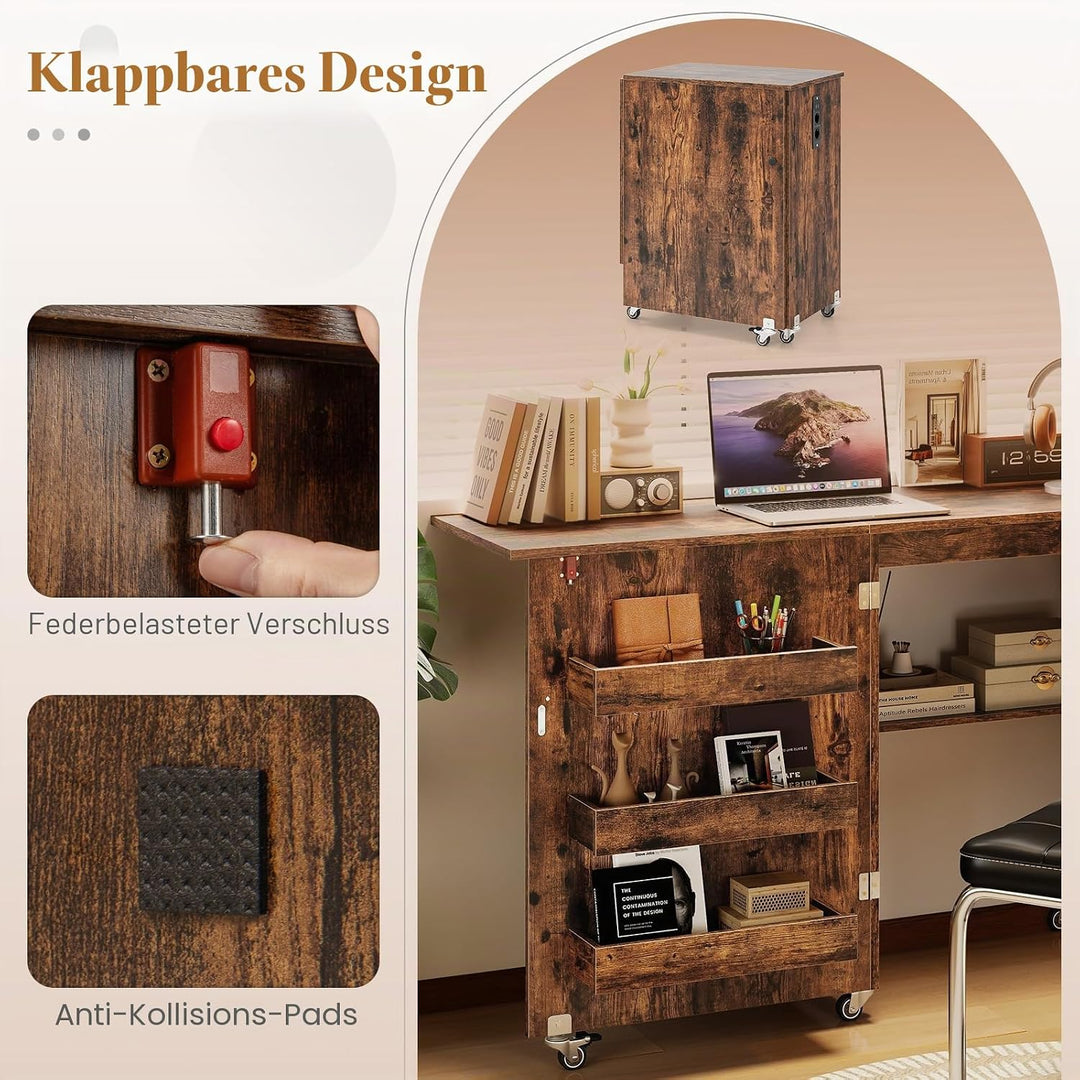 FANTASK 2 in 1 Zusammenklappbarer Nähtisch, Nähmaschinenschrank mit Ladestation, Regalen und abschli