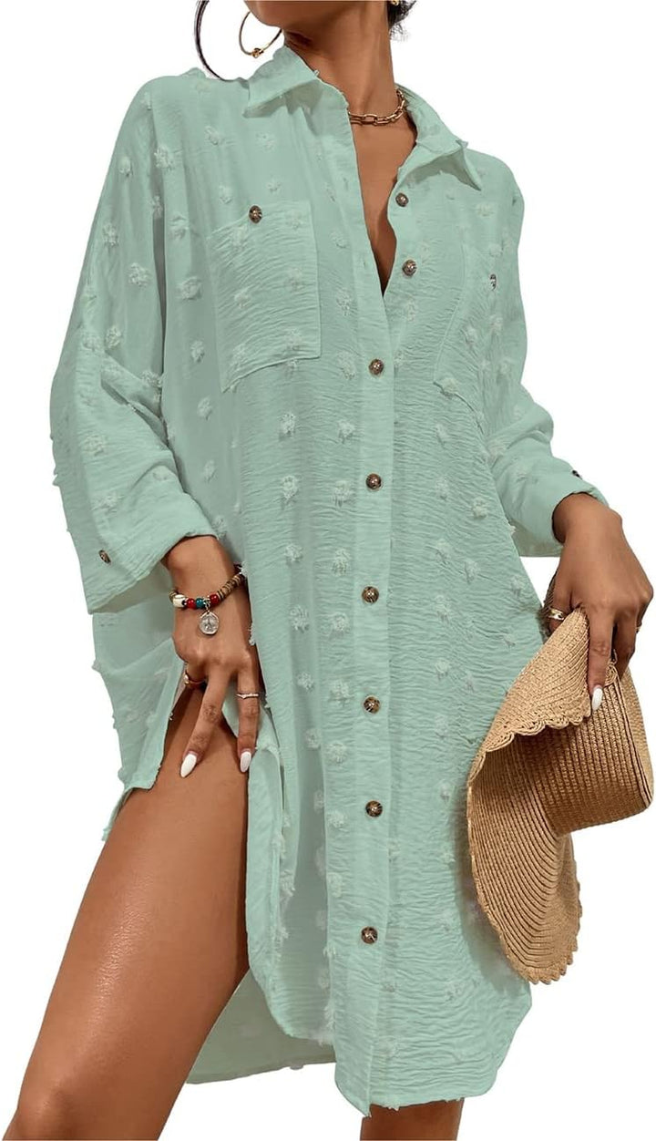 Bsubseach Damen-Badeanzug-Coverup Button-Down-Hemdkleider Swiss Dot Tops J-mintgrün, J-mintgrün