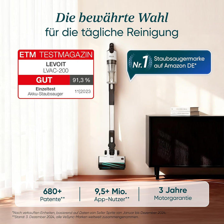 Levoit Akku Staubsauger mit Tierhaardüse, Anti-Haar-Verwicklung, max 50min Laufzeit, 4-in-1 Kabellos