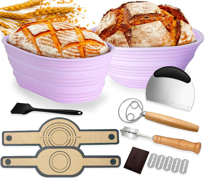 Brotgärkorb -Set- aus Silikon, Gärkörbchen zum Brotbacken (23cm Rund und 25cm Gärkörbchen oval),Brot