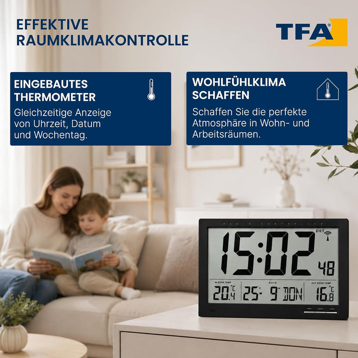 TFA Dostmann Digitale XL-Funkuhr, mit Aussen-und Innentemperatur, Wanduhr, gut ablesbar, schwarz, 60