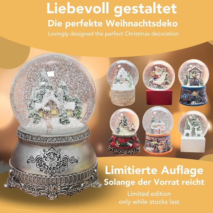 Hüttenzauber Schneekugel mit Musik | Nostalgische Winterhütte im Winterwald in Schüttelkugel| Sockel