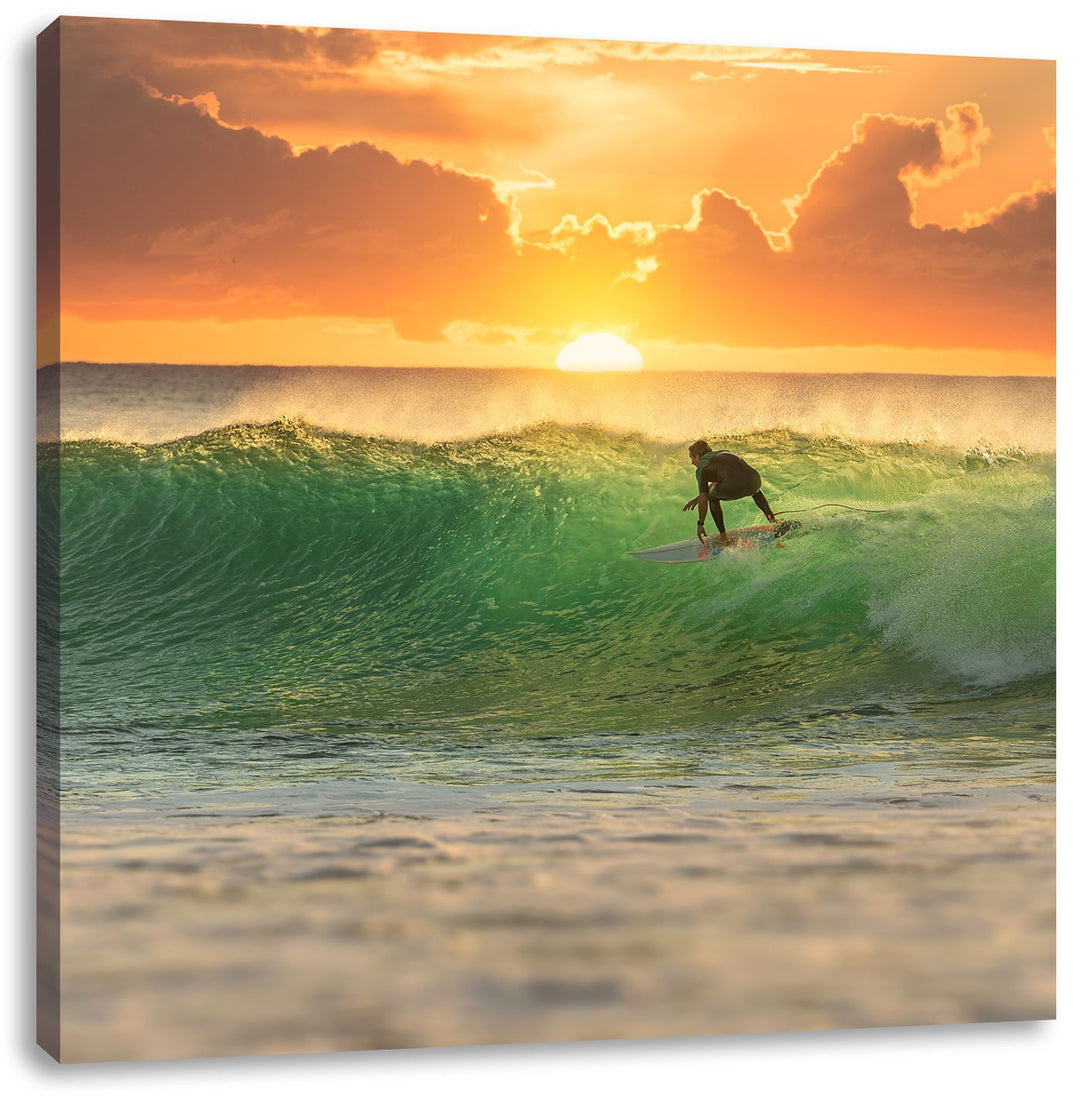 Pixxprint Surfen im Sonnenuntergang Wellenreiten, Format: 70x70 auf Leinwand, 70x70