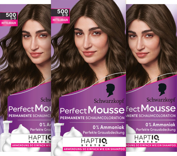 Schwarzkopf Perfect Mousse Permanente Schaumcoloration 500/5-0 Mittelbraun (93 ml), Haarfarbe mit pe