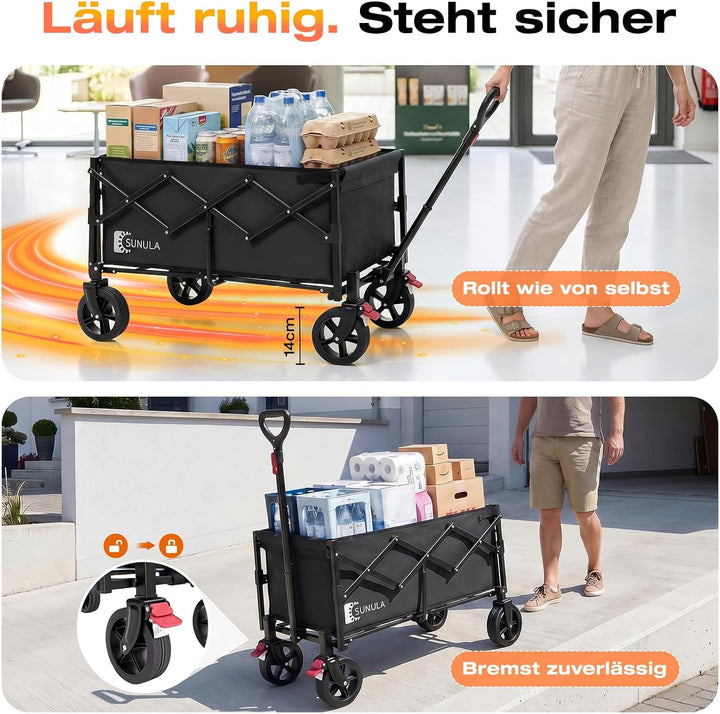 SUNULA Bollerwagen Faltbar Klein mit Heckklappe klappbar 80L+35L，Handwagen mit erweiterbare Ladefläc