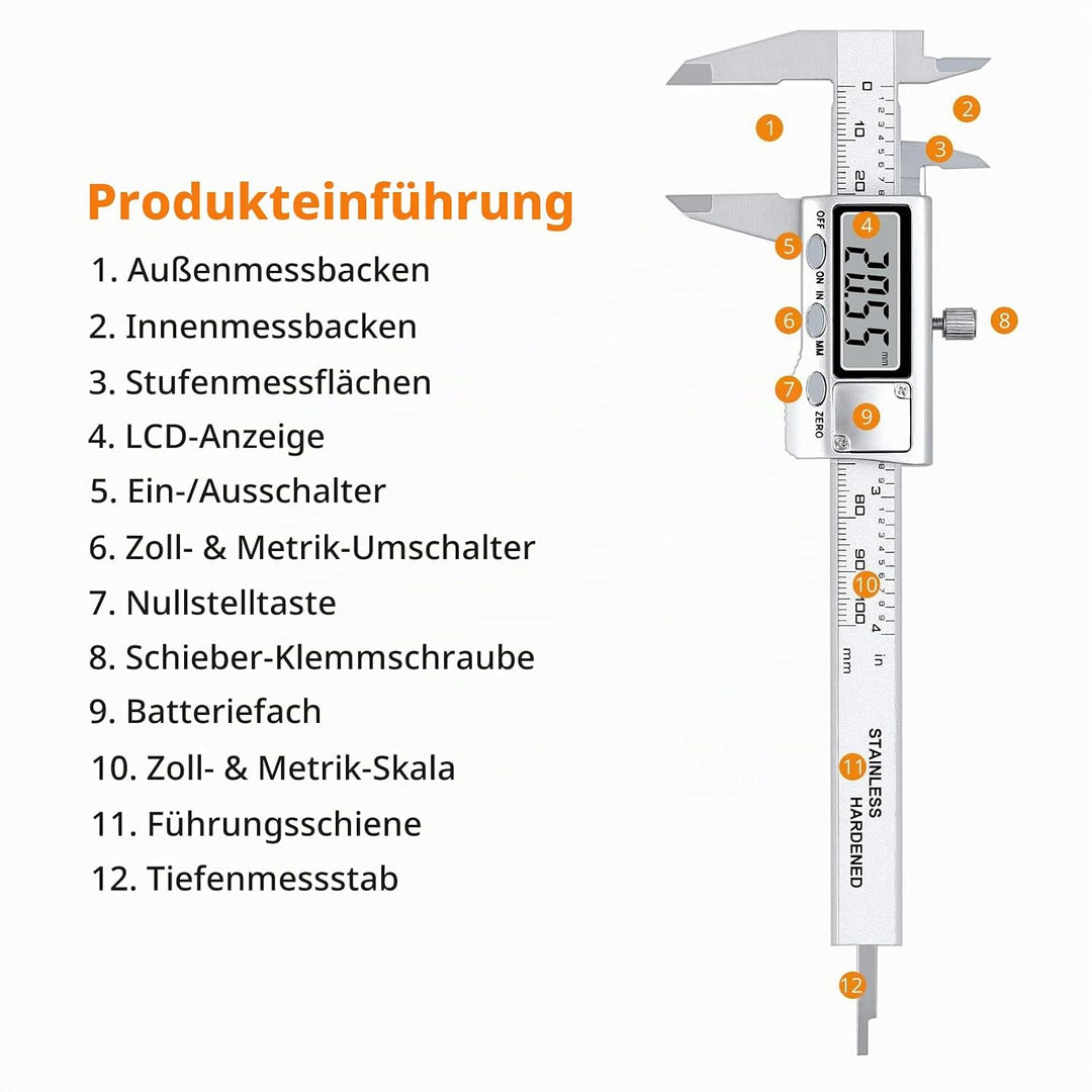 Neoteck Messschieber Digital Edelstahl 100mm mit LCD, Zoll/metrische Umrechnung, Schieblehre Messwer
