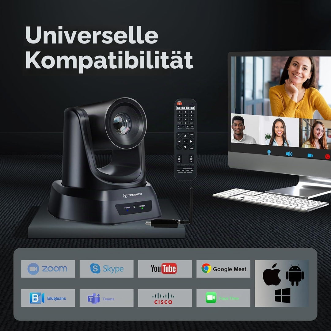TONGVEO 5.8GHz Wireless Conference Room Webcam, Church Live Streaming 3X USB 1080P 60fps PTZ Camera