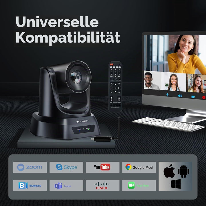 TONGVEO 5.8GHz Wireless Conference Room Webcam, Church Live Streaming 3X USB 1080P 60fps PTZ Camera