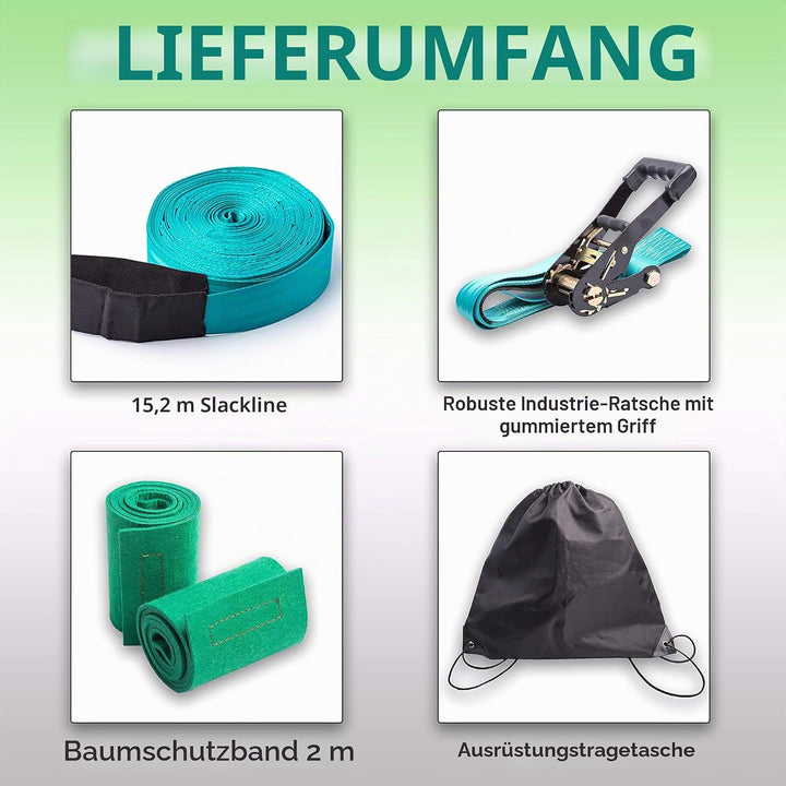 Slackline für Gleichgewichtstraining 15m mit Hochleistungs-Industrie Ratsche, Baumschutzband und Tra