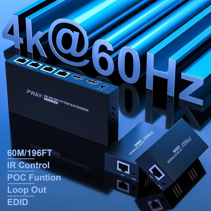 PW-HT246P4IR HDMI Extender Splitter 1x4 Port 60m/196ft von Cat5e/Cat6/CAT7-Kabelunterstützung 4K@60H
