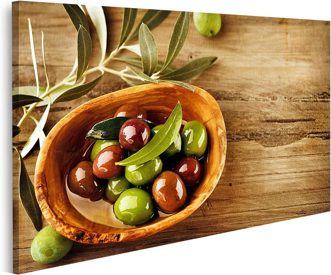 islandburner Bild auf Leinwand Oliven Und Olivenöl für Küche Bilder Wandbilder Poster Leinwand 100x5