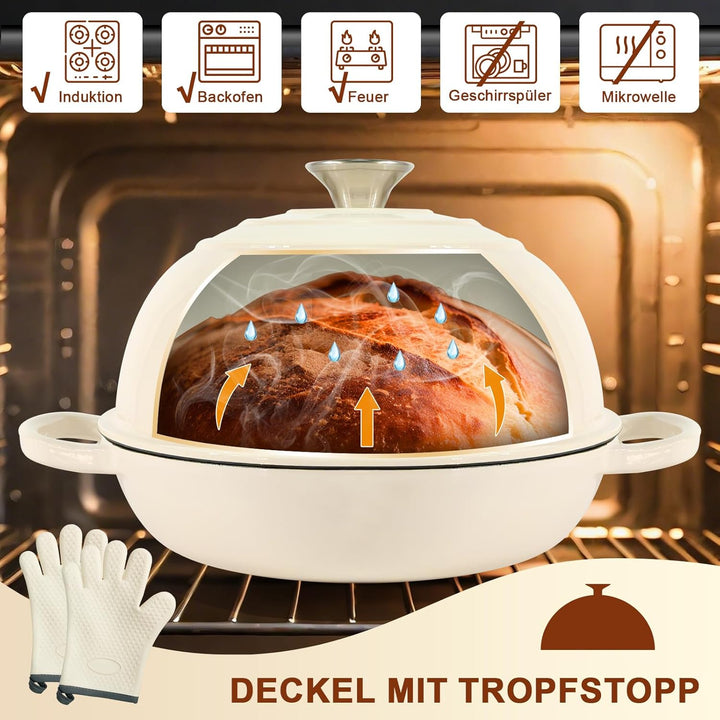 Gusseisen Topf Brot Backen, 5,7L Bräter Emaille Schmortopf mit Deckel und Griffen,26 cm Dutch Oven,