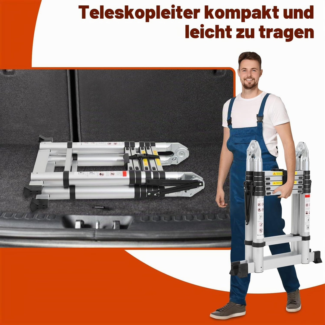 Cecaylie Teleskopleiter Klappleiter Aluminium, 3.8M(1.9M+1.9M) Ausziehbare Leiter mit Stabilisatoren