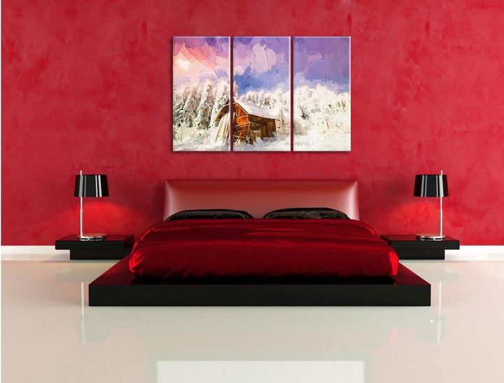 Pixxprint Holzhütte im Schnee als Leinwandbild/Grösse: 3 Teilig (120x80) cm/Wandbild/Kunstdruck/fert